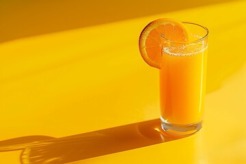 Refreshing Orange Juice in Glass with Orange Slice on Bright Orange Background