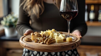 Fototapeta premium A woman is holding a plate of cheese and nuts alongside a glass of wine