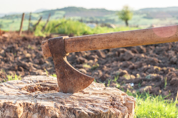An old used axe lodged in a log.