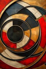 Red, gold, and black abstract geometric presentation in captivating circle design.