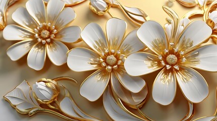  white flower with gold petals and gold leaves on a white background.