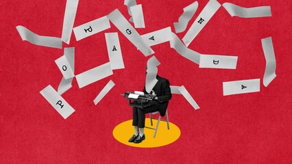 Man in suit sitting and writing on retro typewriter. Journalist creating propaganda texts, writing influential information. Stop motion, animation. Concept of social pressure, news. Creative design