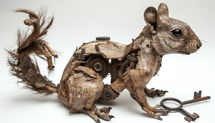 Obraz premium Unique squirrel sculpture made of keys, screwdrivers, and gears, showcasing creative craftsmanship
