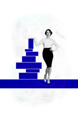 Creative abstract template collage of young businesswoman build project blue block development...