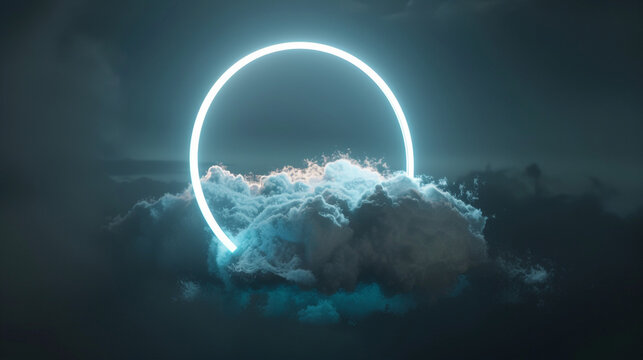Swirling cloud in a dark sky accented with a bright slate grey neon ring, 3D widescreen view,