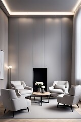 Luxury Living Room in Dark Colors with Gray Walls, Warm Lighting, and Taupe Lounge Chairs. Empty Space for Art or Picture. Rich Interior Design. Mockup of a Lounge Room or Hall Reception. 3D Render.