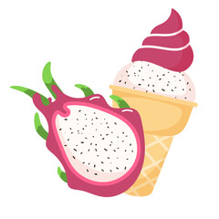 Dragon fruit and ice cream. A refreshing dessert. Pitaya or pitahaya. Cactus fruit