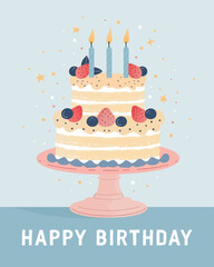 Vector flat illustration of a simple cute cake with candles, pastel colors, card with the text 