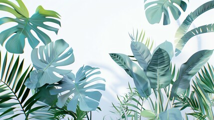 Fototapeta premium Lush green tropical leaves on a light background, perfect for nature-themed designs, wallpapers, and decor. Fresh, vibrant, and serene.
