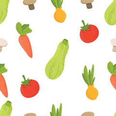 Seamless background with hand drawn vegetables. Flat cabbage, tomatoes, onion,  carrot. Vegetarian healthy food texture. Vegan, farm-raised, organic, detox