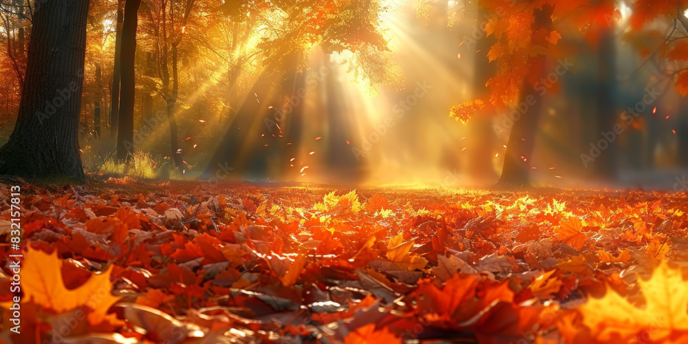 Poster sunlit autumn forest with vibrant orange leaves and falling foliage creating a warm and enchanting a