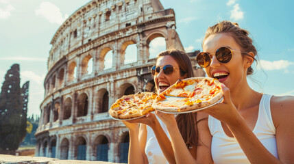 Two beautiful young women having fun and eating pizza at Coliseum in Rome. Italian cuisine, restaurant menu. Happy friends tourists enjoying italian pizza. Summer vacation, travel, gastronomic journey