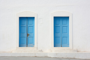 Puertas azules sobre pared blanca.