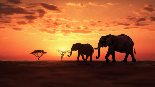 Silueta de elefantes en el atardecer de la sabana africana.