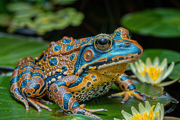Obraz premium A vibrant frog perched on a lush green leaf in a natural environment.