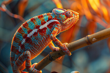 A vibrant chameleon with colorful scales is perched on a tree branch, blending into its surroundings.