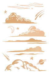 Puffy clouds gold png space doodle sticker