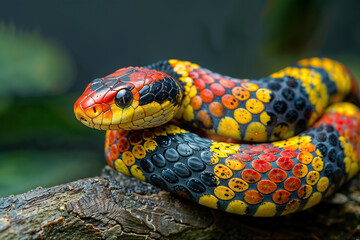 Fototapeta premium A vibrant snake coils on a tree branch in a striking display of colors.