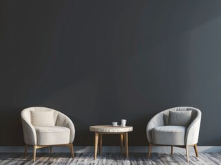 a beautiful minimalist dark black and gray interior design with luxury and comfortable armchair sofa and a vase plant