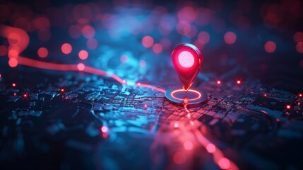 3D location icon on digital map background with glowing light effects. A stylized map marker or pin symbol for global branding or online identity concept. Digital marketing technology concept.