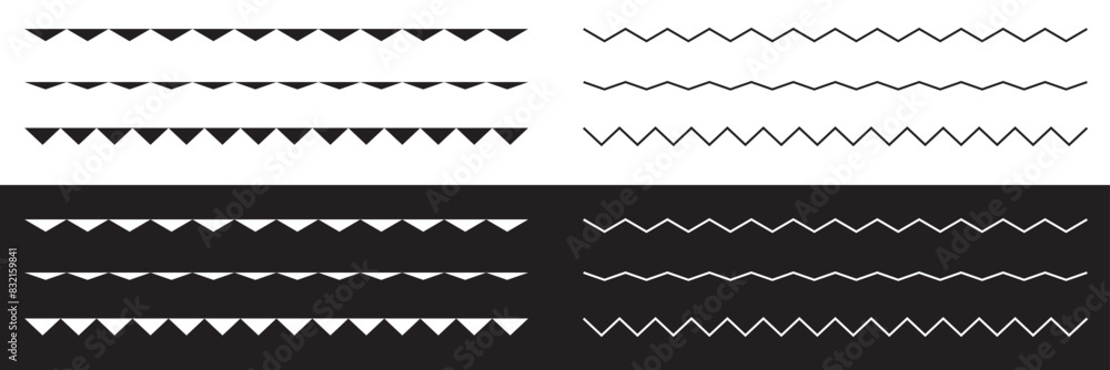Poster set of seamless borders zigzag. graphic design elements. isolated on white and black background. vec