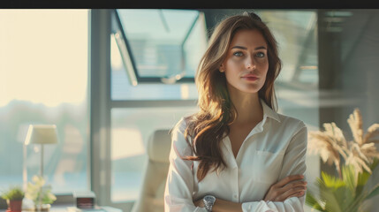 Obraz premium Confident modern business woman standing in office with arms crossed