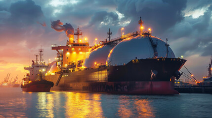 Obraz premium Large LNG Tanker Carrier During Cargo Operations At The Offshore Gas Terminal