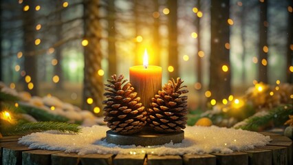 Christmas card, candle decorated with a fir wreath with cones on a wooden table