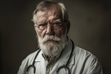 Portrait of a serious elderly doctor with a white beard and glasses