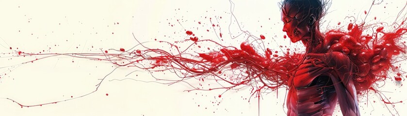 Abstract digital art featuring a dynamic human figure with red splashes and lines, symbolizing emotion and energy on a light background.