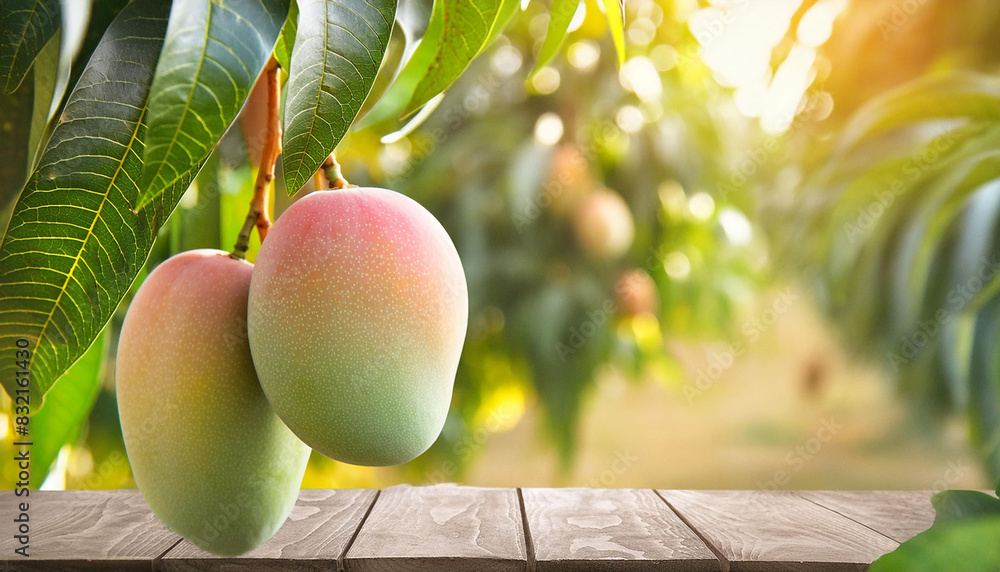 Wall mural mango ripe in the garden with a podium