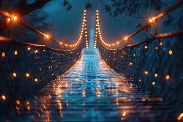 Enchanting illuminated suspension bridge at night, covered in sparkling rain, creating a magical and mesmerizing atmosphere.
