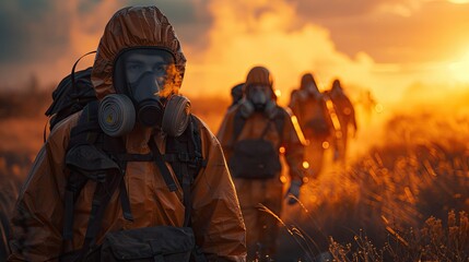 Naklejka premium Group of people in protective suits and gas masks walking in a field at sunset, highlighting safety and environmental themes.