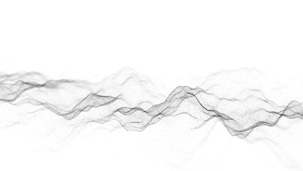 Obraz premium Abstract white wave with moving dots. Flow of particles. Cyber technology illustration. 3d rendering.