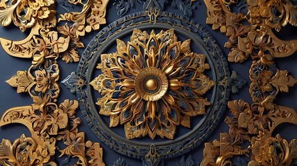 close up of a highly ornate golden ceiling medallion with
