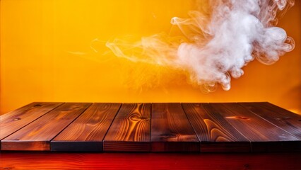 wooden table with yellow and orange smoke and a lot of smoke