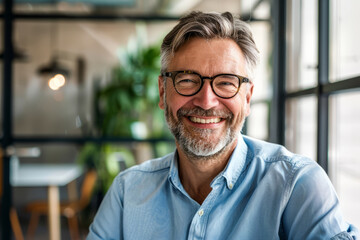 Obraz premium Smiling mature businessman in office with glasses and grey hair