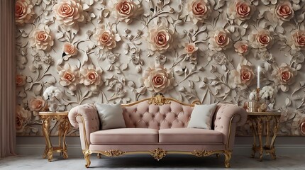 pink textured wall with gold 3D flowers, a white couch with gold legs