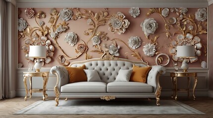 pink textured wall with gold 3D flowers, a white couch with gold legs