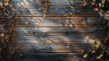 Rustic wooden plank texture with soft sunlight filtering through leaves