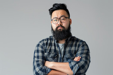 Fototapeta premium Confident young Asian web designer with glasses and a beard