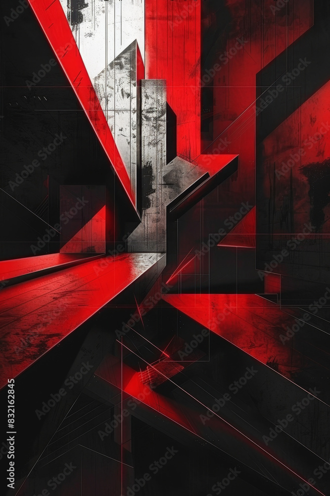 Poster abstract red and black design blending cyber and metal elements with geometric lines and futuristic 
