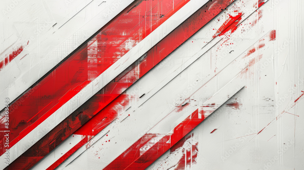 Poster dynamic red diagonal lines on white canvas symbolize modern technology exploration.