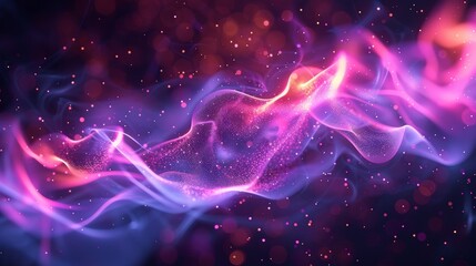 Abstract cosmic background with flowing pink and blue energy against a dark starry backdrop.
