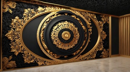 black background with intricate gold embellishments.