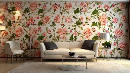 bedroom with a large floral wallpapered wall with matching