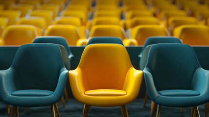 Fototapeta premium Yellow chair standing out among identical blue chairs in a crowd