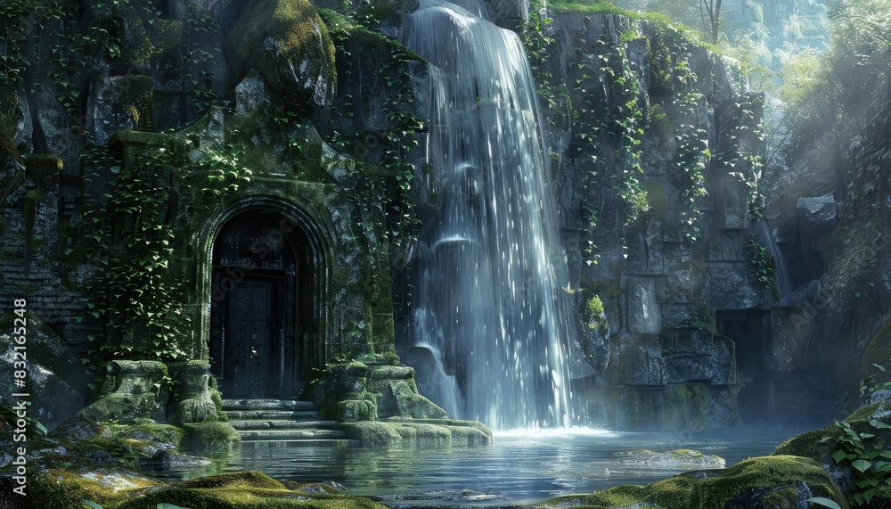 Wall mural secret door hidden behind a waterfall leading to a fairy kingdom - Wall murals