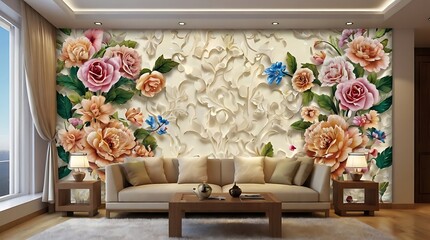 bedroom with a large floral wallpapered wall with matching