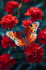 Fototapeta premium Stunning close-up of butterfly on vibrant red carnations